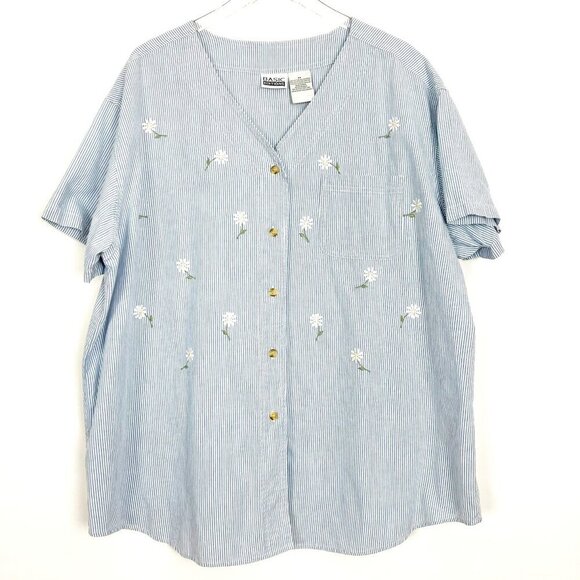 Basic Editions Blouse Women's 3X Embroidered Daisies Blue White Stripes Cotton - Picture 1 of 14
